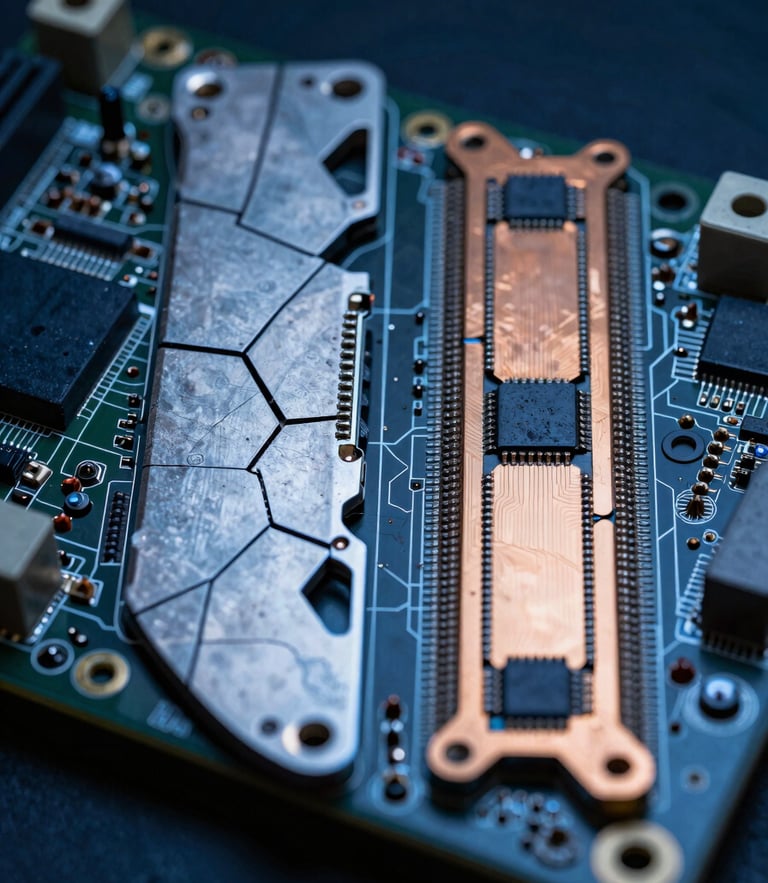 Macro split-screen showing a cracked motherboard track before repair and the perfectly bridged copper trace after micro-soldering, technical blue lighting