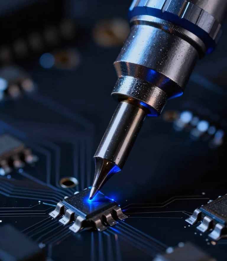 Macro photography of a soldering iron tip making contact with a micro-resistor on a dark circuit board, intense electric blue rim lighting, metallic textures, shallow depth of field, 50mm lens