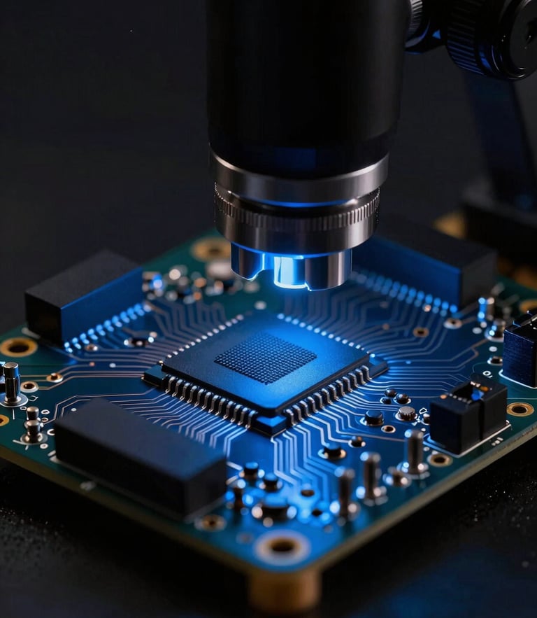 Extreme macro photography of a multi-layer circuit board with copper traces under a digital microscope, intense electric blue rim lighting, dark background, 50mm lens
