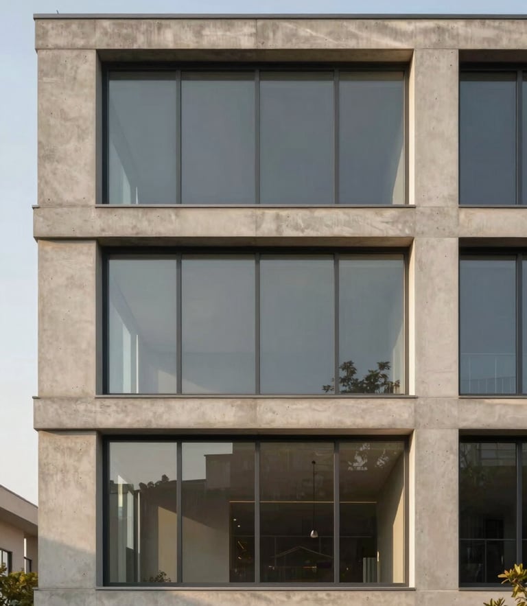 Straight-on architectural elevation of a minimalist concrete and glass facade, soft natural golden-hour daylight, elegant neutral tones, realistic proportions.