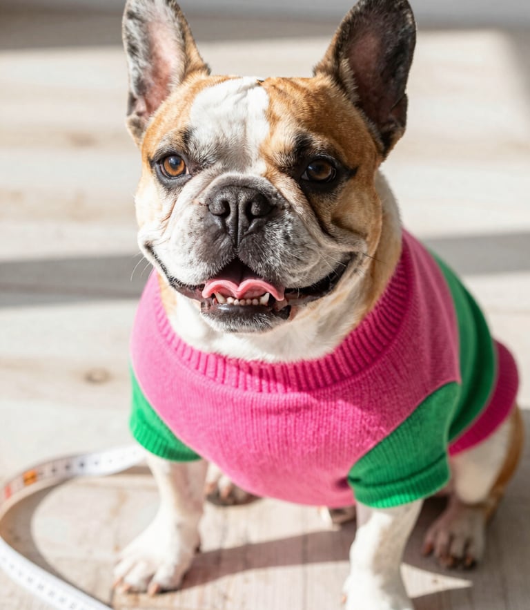 Close-up eye-level shot of a happy French Bulldog wearing a colorful pink and green handmade sweater, sitting next to a soft measuring tape on a light rustic floor, warm morning sunlight, vibrant cheerful tones, shallow depth of field