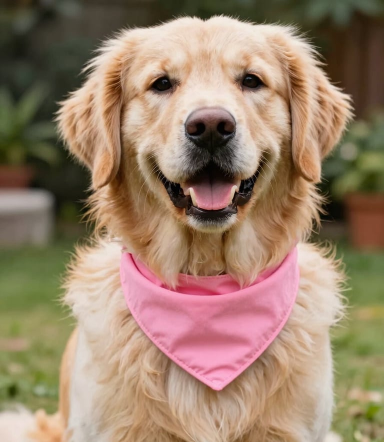 A happy fluffy golden retriever wearing a bright pink custom-made bandana, looking directly at the camera with a joyful expression, warm natural daylight, outdoor garden background