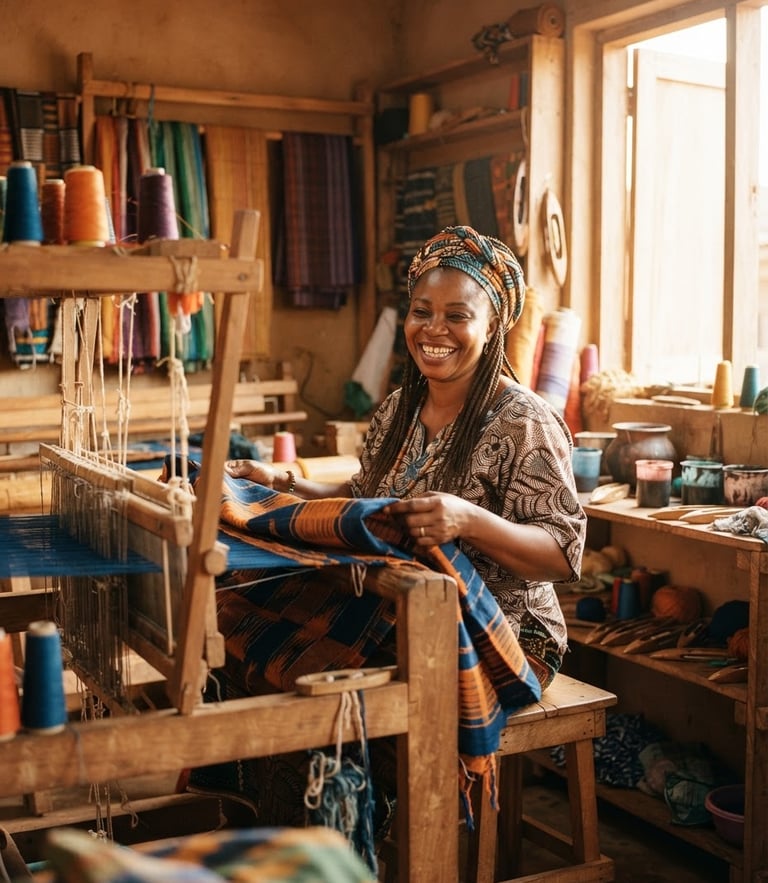Warm environmental portrait of a West African local entrepreneur smiling in her clean, sunlit textile workshop, golden hour light, 35mm