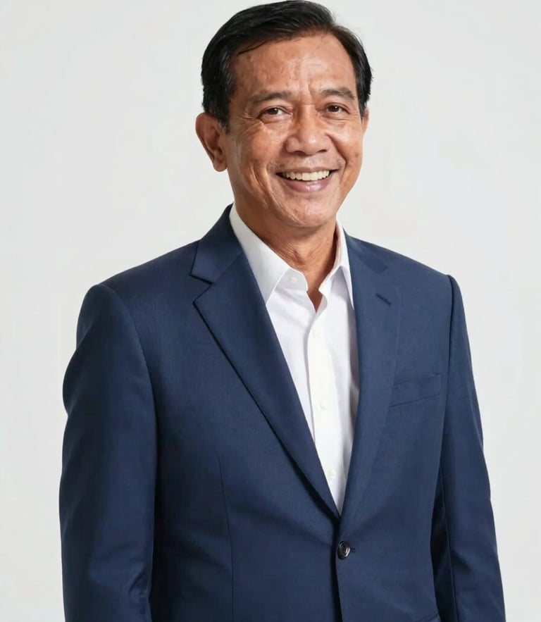 Studio portrait of a modern Indonesian leader, warm natural daylight, clean white background, wearing a neat navy blue blazer, candid smiling expression, professional editorial photography