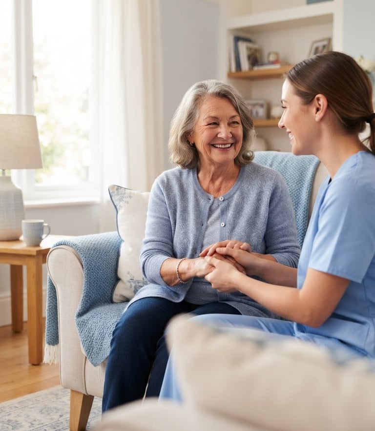 A bright clean medical photography shot of a smiling senior patient with a supportive caregiver in a warm home care setting, soft natural daylight, calming blue and white tones, high-key studio lighting, 50mm