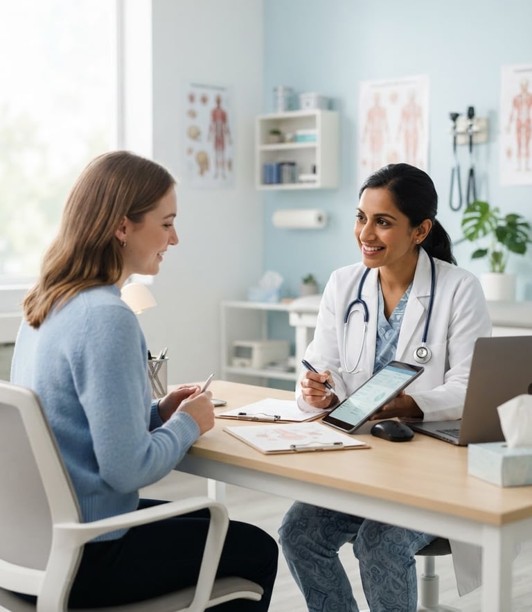 Bright clean medical consultation, soft natural daylight, calming blue and white tones, high-key studio lighting, 50mm
