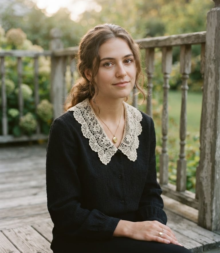 A soft-focus portrait of a young woman on a weathered wooden porch in diffused golden hour light, wearing a delicate cream lace collar, 35mm film style.