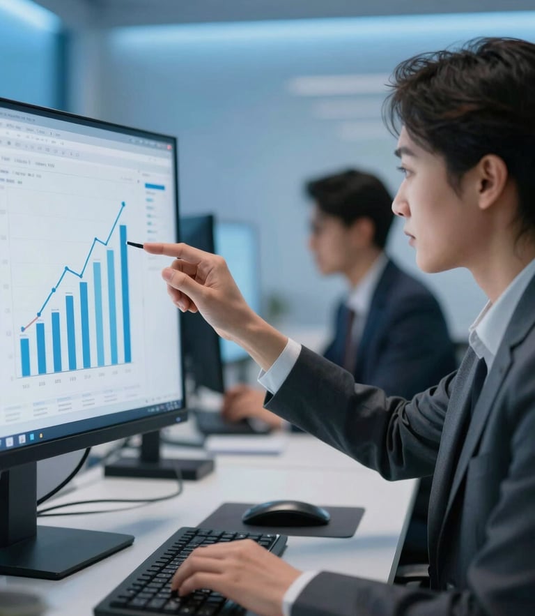 Medium close-up of a professional analyzing positive growth charts on a screen, cool blue ambient lighting, clean modern workstation, 35mm lens