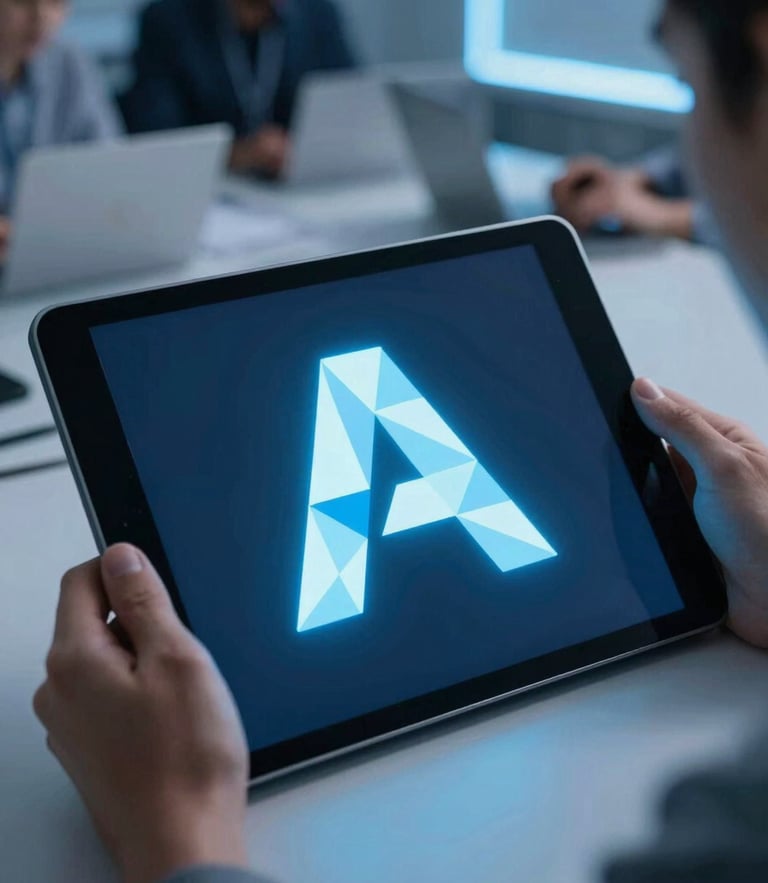 A sharp, high-angle close-up of a modern workspace with a custom abstract geometric 'A' vector motif glowing on a tablet screen, cool blue ambient lighting, 35mm lens.