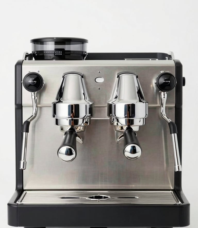 Front-facing studio shot of a sleek professional dual-group espresso machine gleaming under bright, high-key white lighting, clean background