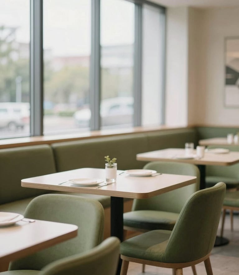 Elegant corporate cafeteria dining space, soft natural window light, olive green accents, minimal modern furniture, bright airy mood, shallow depth of field