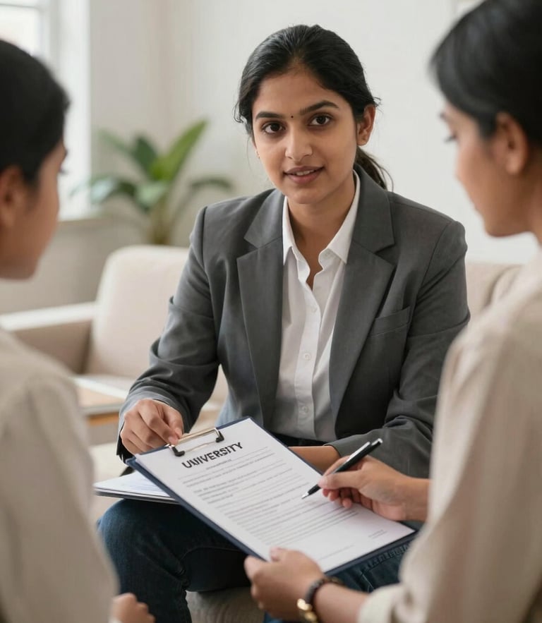 A professional counselor in a bright office explaining a university choice-filling document to an Indian student and parent, warm natural light, medium shot.