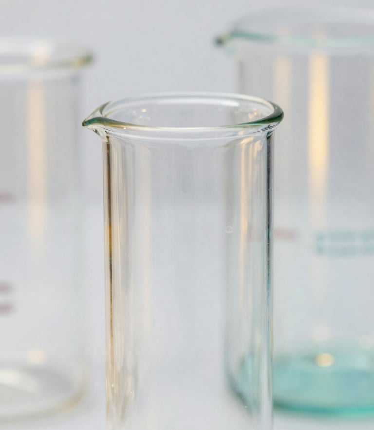 Macro close-up of high-end borosilicate glassware reflecting crisp studio light, subtle gold and teal backlighting, sharp focus, professional 35mm photography