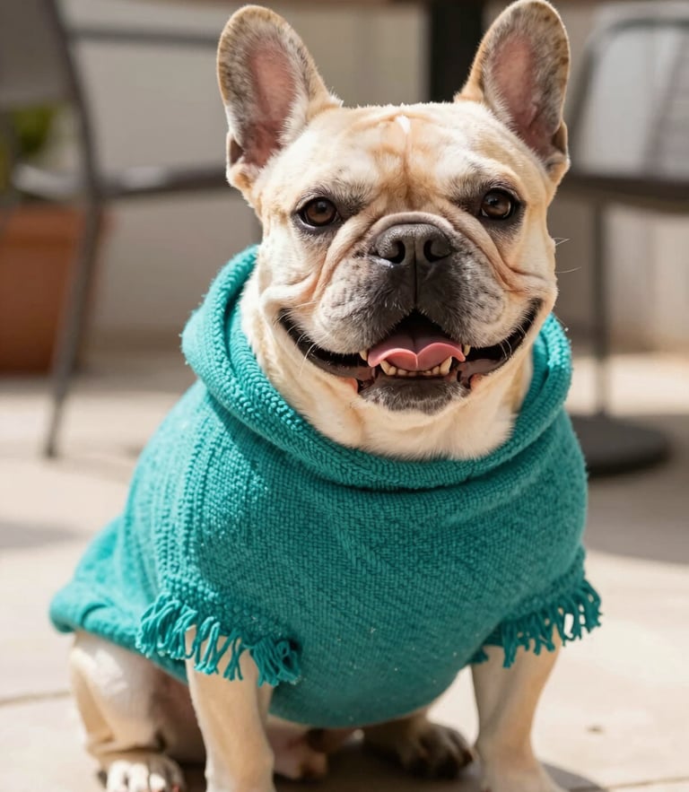 Eye-level portrait of a happy French bulldog wearing a vibrant hand-woven teal poncho, sitting on a sunny patio, warm bright daylight, shallow depth of field