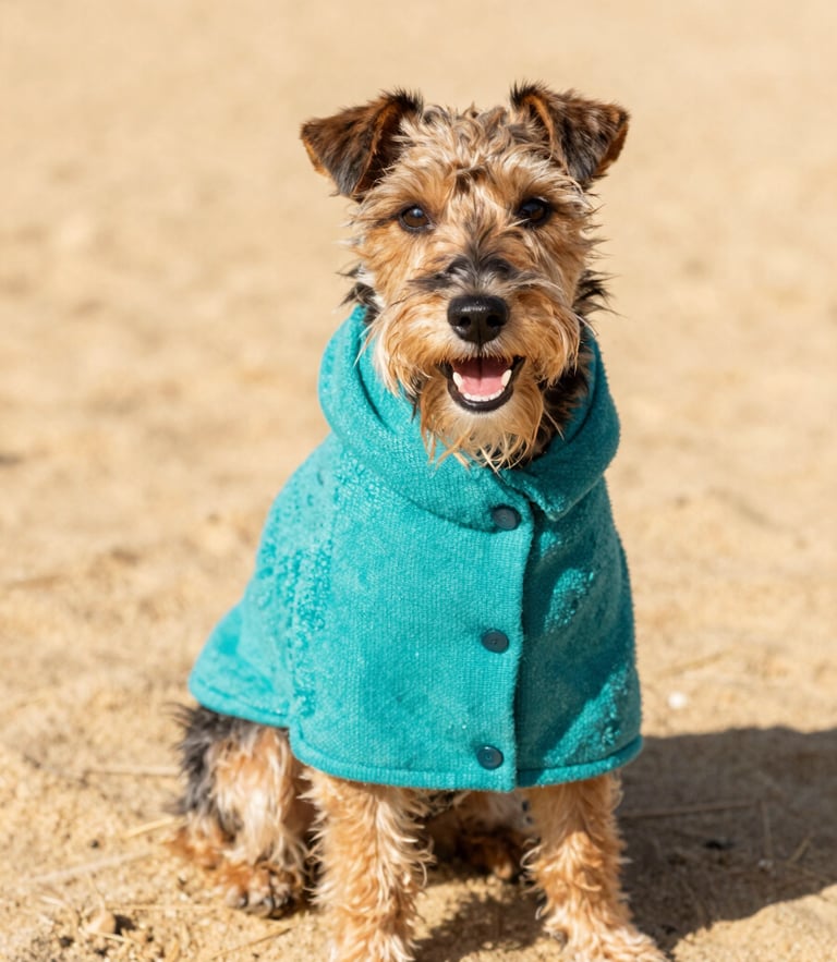 A happy small terrier dog wearing a vibrant teal hand-woven poncho, sitting on a warm sand colored rug, bright daylight, 35mm portrait