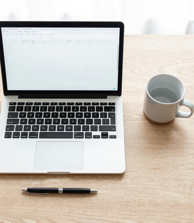 Overhead flat-lay of a clean Nordic workspace, a laptop displaying a simple spreadsheet, a black pen, and a ceramic mug on a light oak desk, bright natural overcast daylight