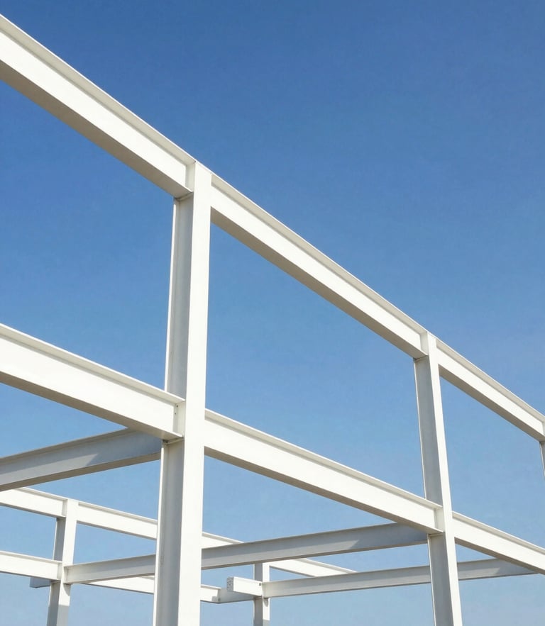 Wide-angle architectural perspective of structural steel framework against a bright blue Florida sky, high-key natural daylight, sharp focus