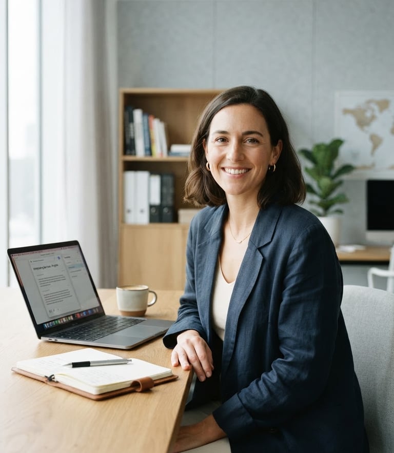 A professional, warm portrait of a female translator in a bright, modern studio, soft natural daylight, cool neutral tones, minimalist composition.
