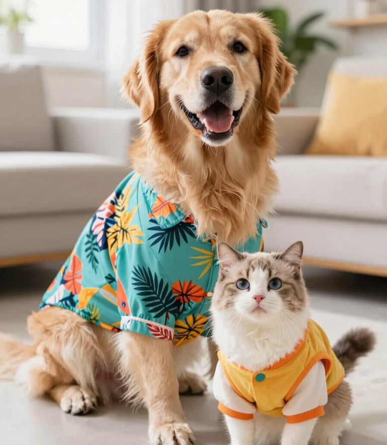 A happy golden retriever wearing a colorful tropical shirt and a fluffy cat wearing a tiny hoodie, playing together in a bright, sunlit living room, candid eye-level pet photography