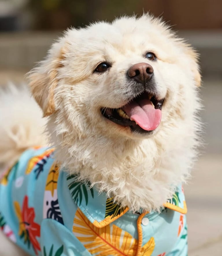 Close-up of a happy fluffy dog wearing a colorful tropical shirt, looking up with tongue out, warm natural daylight, shallow depth of field
