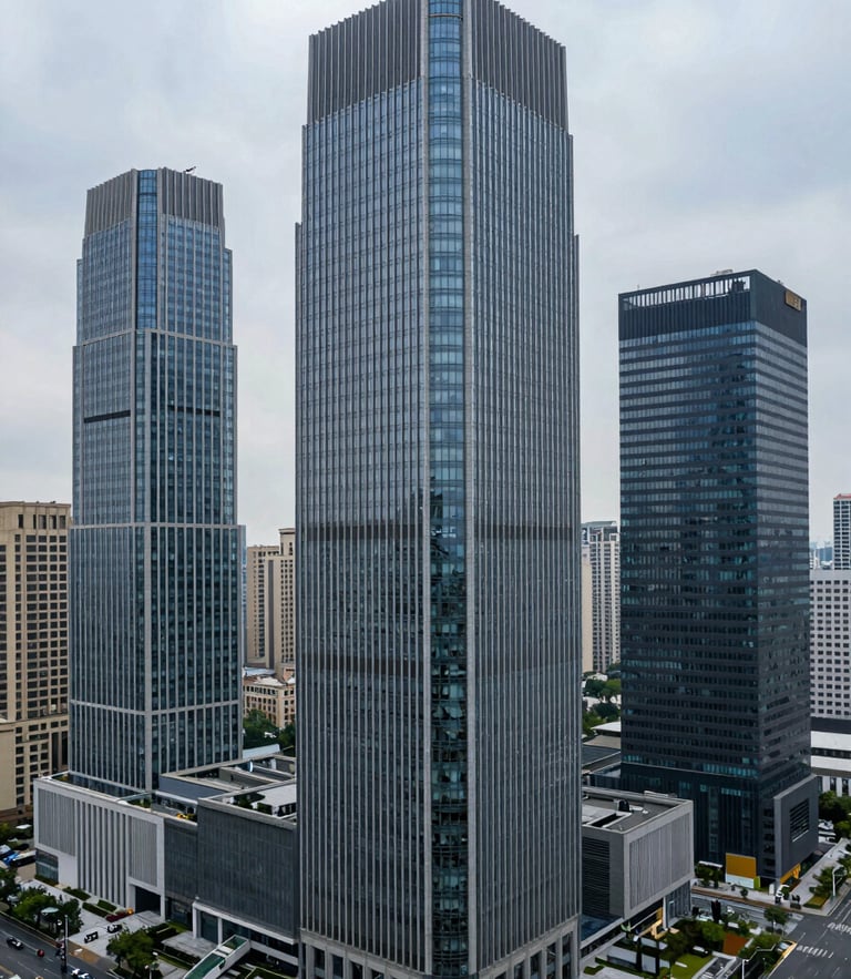 High-angle architectural photograph of modern commercial skyscrapers in a major financial district under cool overcast daylight, sharp structural lines, wide environmental composition.