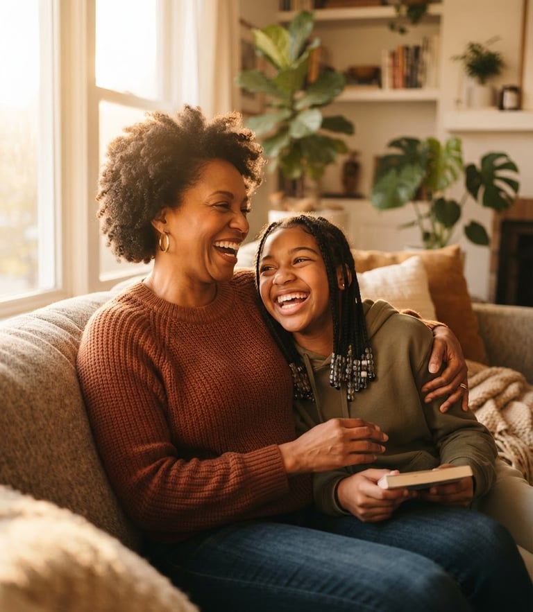 A warm portrait of an African American mother and her teenage daughter laughing together in a sunlit living room, soft golden hour light, genuine candid connection, shallow depth of field, warm editorial style.