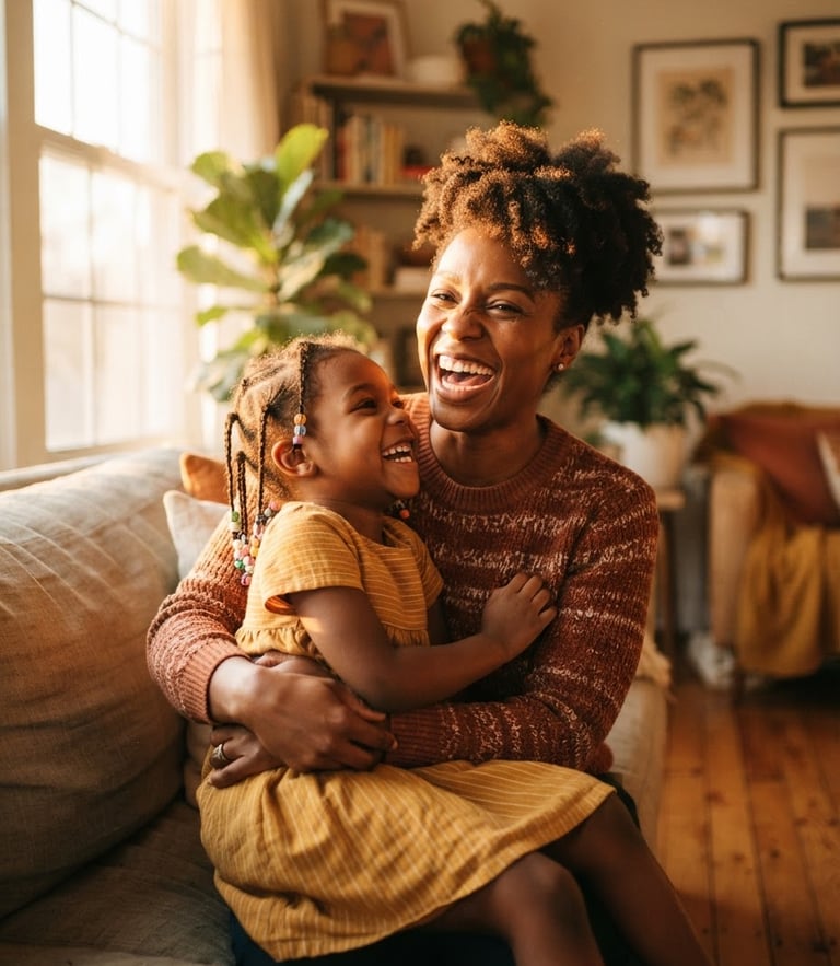 Warm editorial portrait of an African American mother laughing with her young daughter in a sunlit living room, soft golden-hour natural light, shallow depth of field.