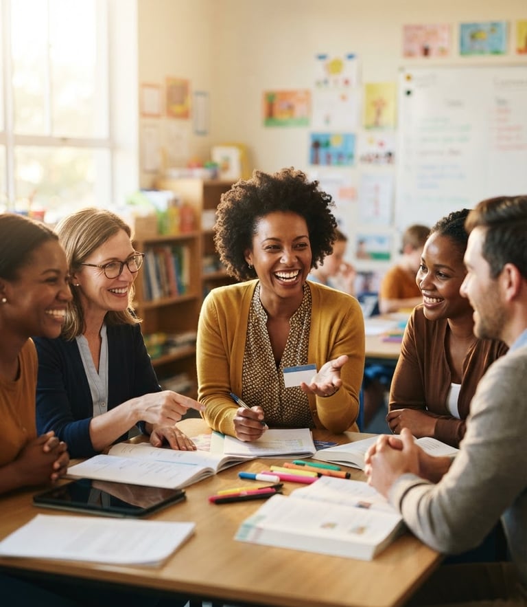 A warm, candid portrait of an African American female educator smiling and collaborating with colleagues in a bright, sunlit school room, shallow depth of field, warm editorial style.