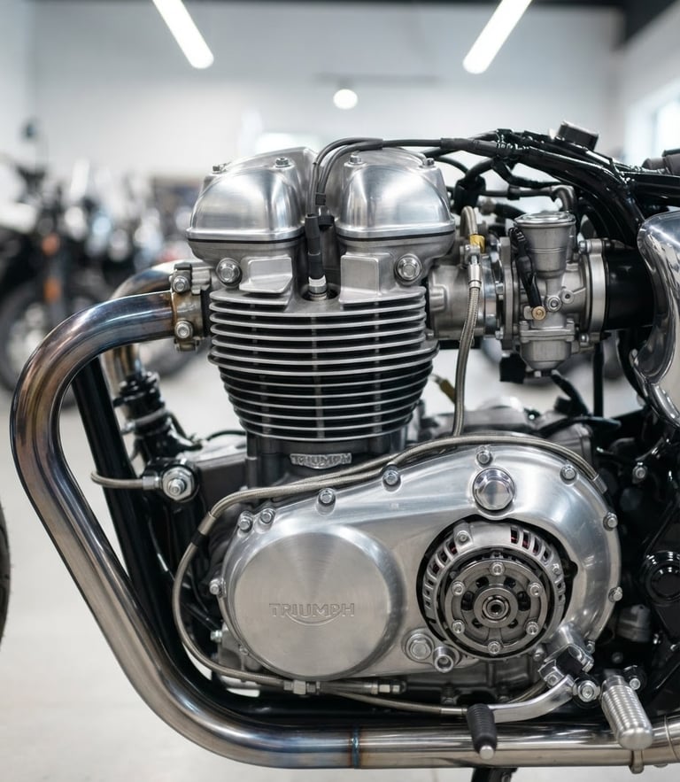 Detailed close-up of a clean motorcycle engine, bright showroom lighting, sharp details, realistic metallic textures, eye-level perspective.