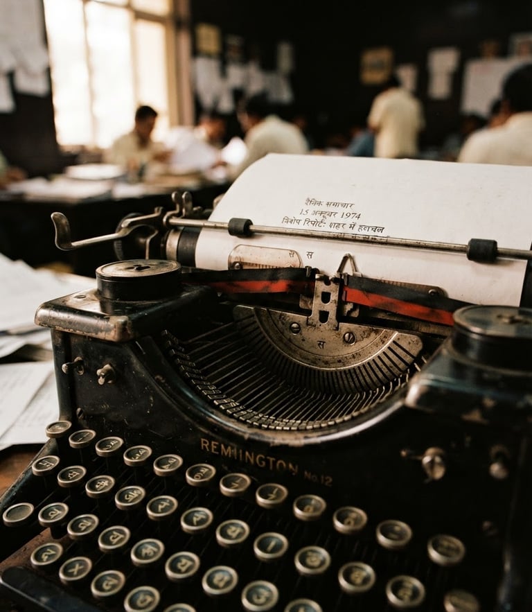 A close-up documentary shot of a vintage typewriter with Hindi script paper, high contrast, warm natural light, authentic newsroom atmosphere, 35mm lens.