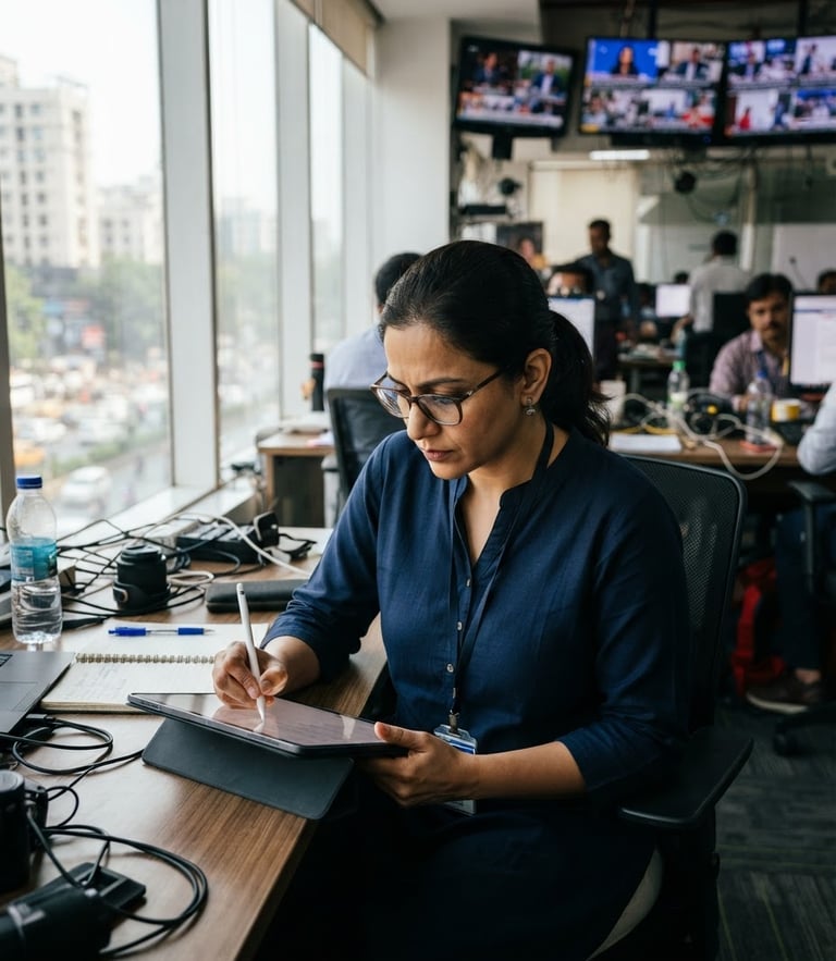 A professional Indian journalist in a modern newsroom writing on a tablet, natural daylight from a window, high contrast, documentary style