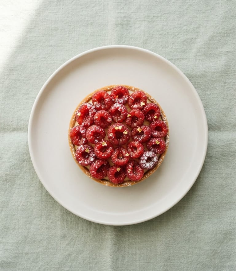 Overhead flat-lay of a single geometric raspberry tart on a minimalist white ceramic plate, soft morning daylight casting gentle shadows on a light sage surface.