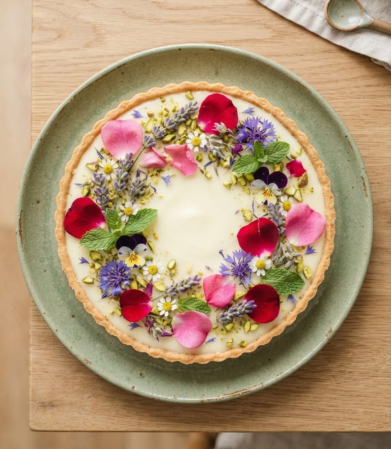 Overhead flat-lay of a perfectly structured white chocolate and botanical tart with edible flowers, natural morning light, sage green ceramic plate