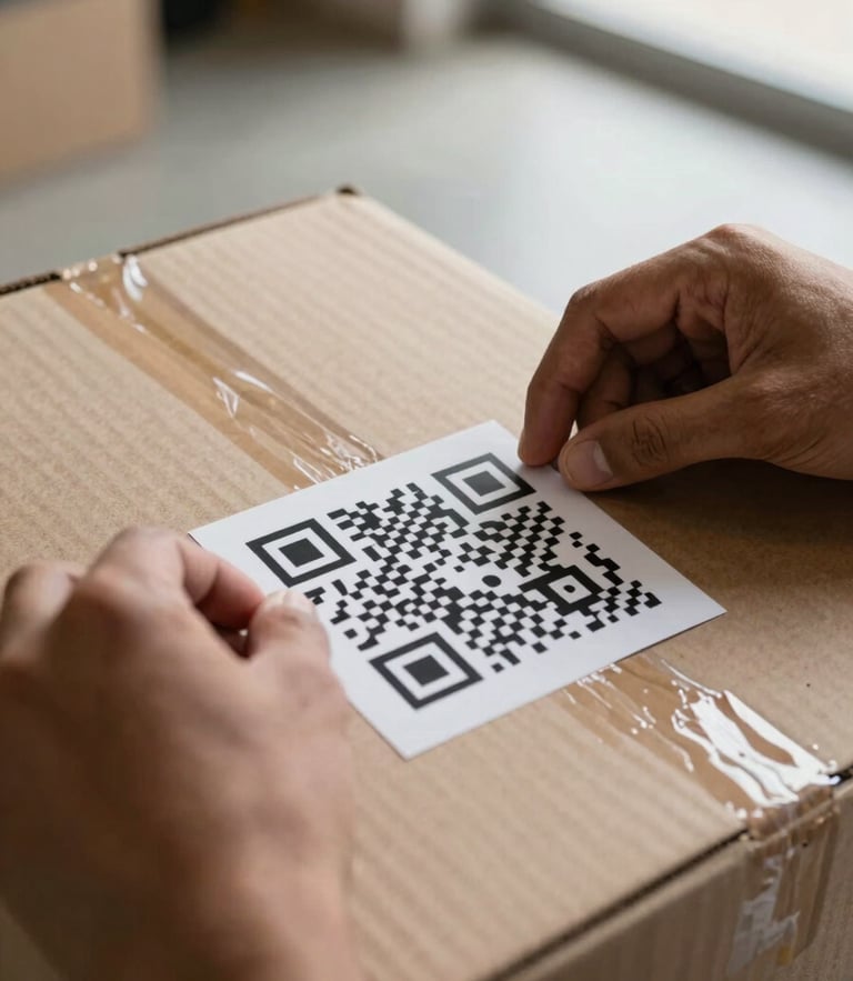 A close-up shot of hands sticking a printed high-contrast QR code label onto a textured cardboard moving box in natural garage light.