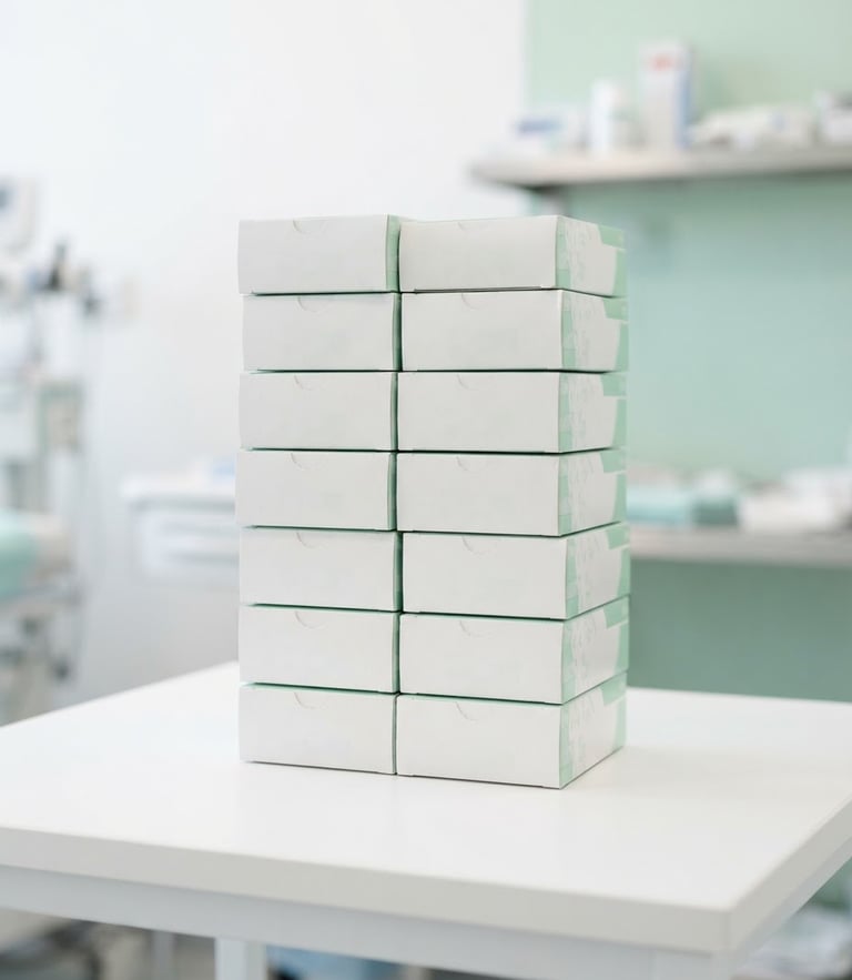 Bright high-key product photography of neatly stacked medical gauze boxes on a clean white table, sterile environment, crisp studio light, sharp focus, 50mm