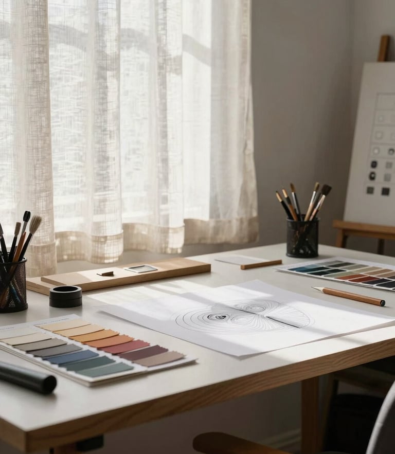 Quiet corner of a design studio with natural light filtering through linen curtains, a white oak drafting table holding paper swatches and drawing tools.