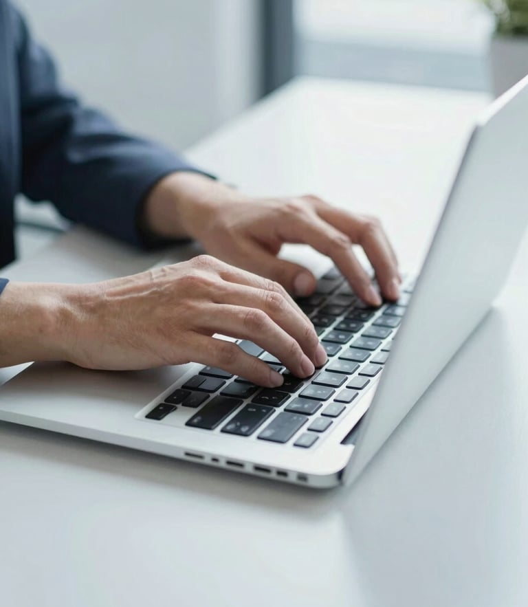 Crisp close-up of hands typing on a sleek laptop on a clean slate gray desk, bright neutral daylight, cool blue tones, professional corporate setting