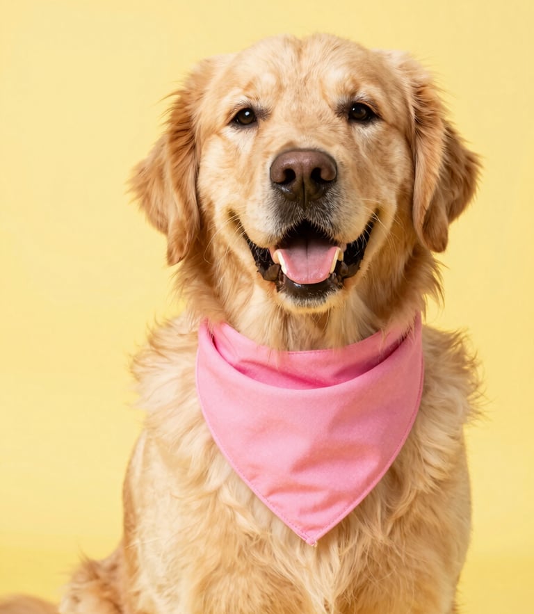vibrant studio pet photography of a happy golden retriever wearing a bright pink bandana, soft yellow background, warm high-key lighting, 50mm lens