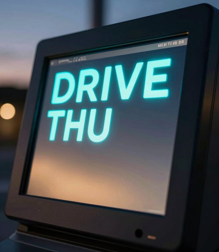 Tight angular shot of a digital drive-thru kiosk screen glowing with neon cyan text at twilight, sharp details, 35mm lens