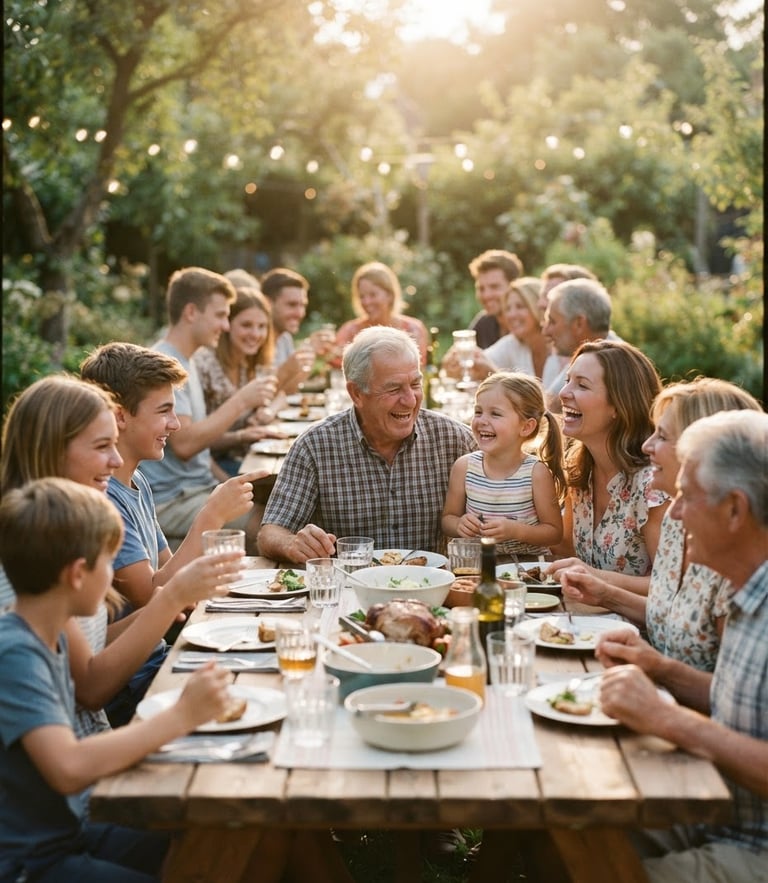A warm multi-generational family gathering outdoors, golden-hour natural light, candid laughter around a long wooden picnic table, 35mm film aesthetic