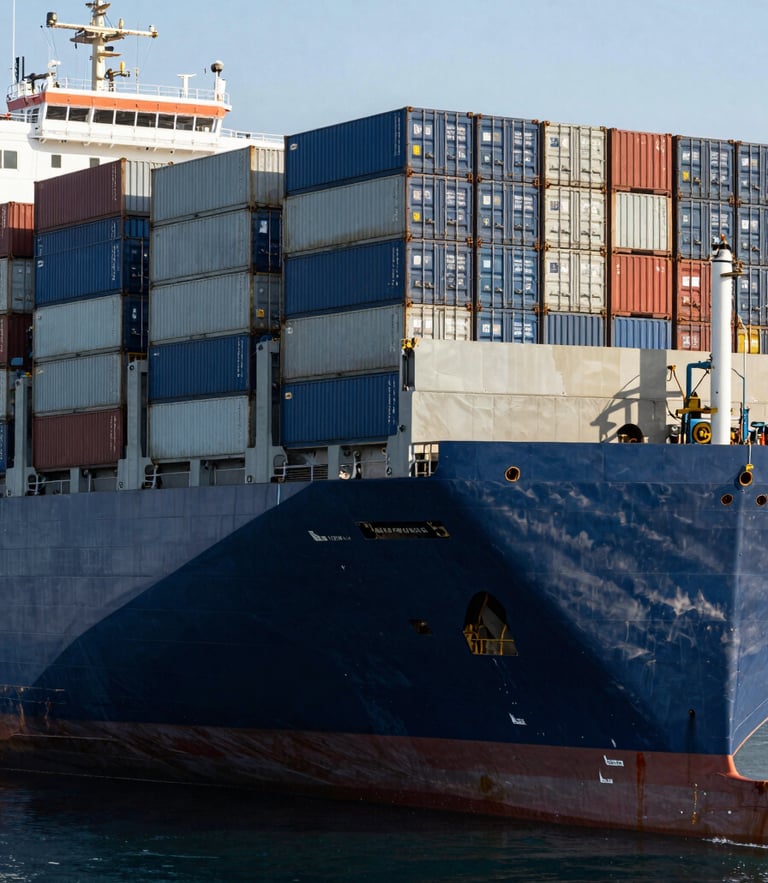 Crisp morning daylight shot of a container ship being loaded at a California port, stacks of blue and gray shipping containers, deep maritime navy water, high-contrast industrial composition.