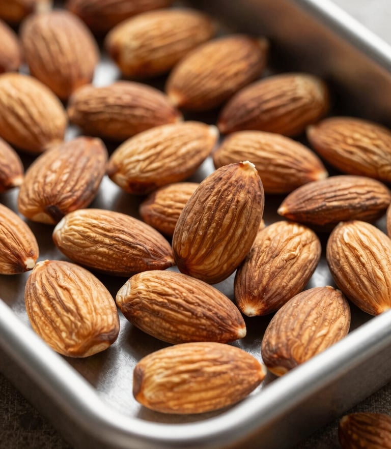 Macro close-up of graded California almonds in a steel sorting tray under bright morning light.