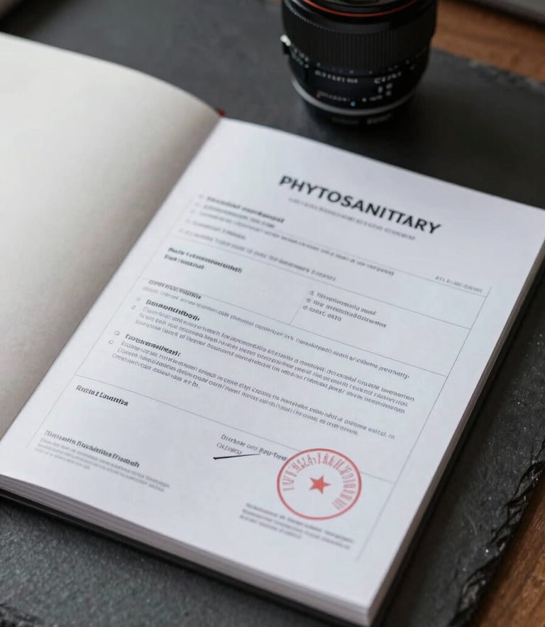 Clean, structured trade documentation folder with phytosanitary certificates lying on a dark slate desk.