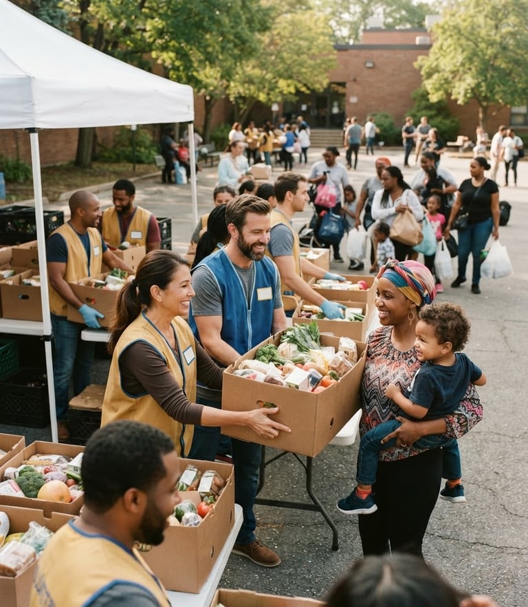 Active volunteers in gold and blue vests distributing fresh food boxes to families at an outdoor community center, candid daylight