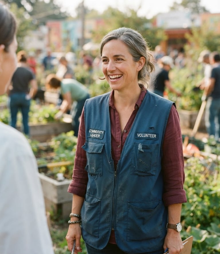 A professional medium portrait of a community service leader wearing a blue volunteer vest, warm natural daylight, 35mm lens, realistic documentary style