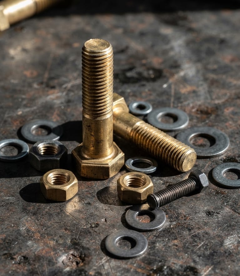 Sharp macro photograph of heavy-duty solid brass bolts and steel hardware arranged on a dark, scratched iron workbench, hard direct light casting high-contrast shadows, 50mm lens.
