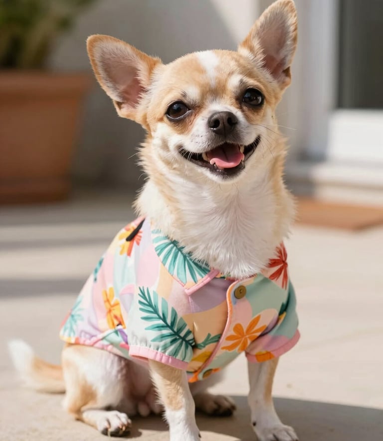 A happy small chihuahua wearing a colorful tropical shirt sitting on a sunny patio, bright joyful pet photography, warm natural daylight, vibrant pastel tones, shallow depth of field