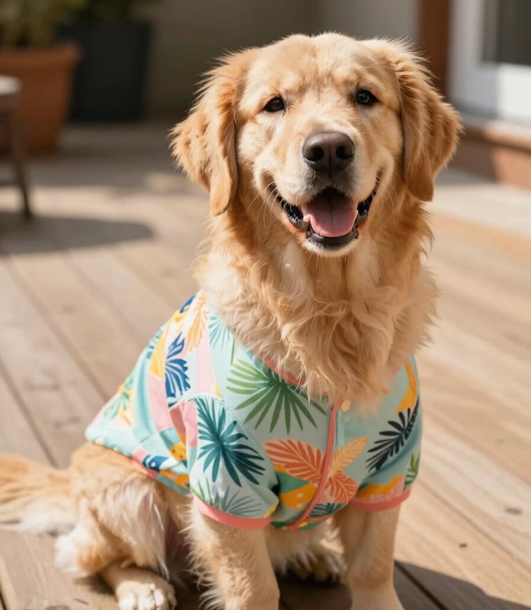 A joyful golden retriever wearing a colorful tropical pet shirt, sitting on a sunlit wooden deck, warm natural daylight, eye-level shot, shallow depth of field.