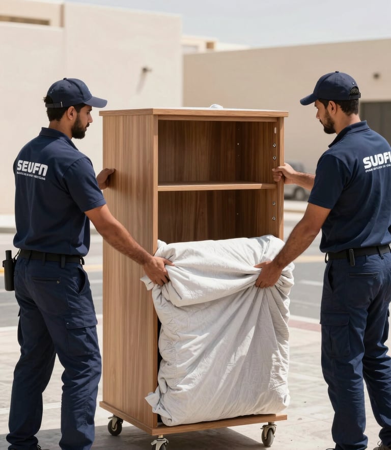 Crisp documentary photography of a professional moving crew in matching navy uniforms carefully double-wrapping a wooden cabinet with protective blankets, bright natural Abu Dhabi daylight, sharp focus, 35mm