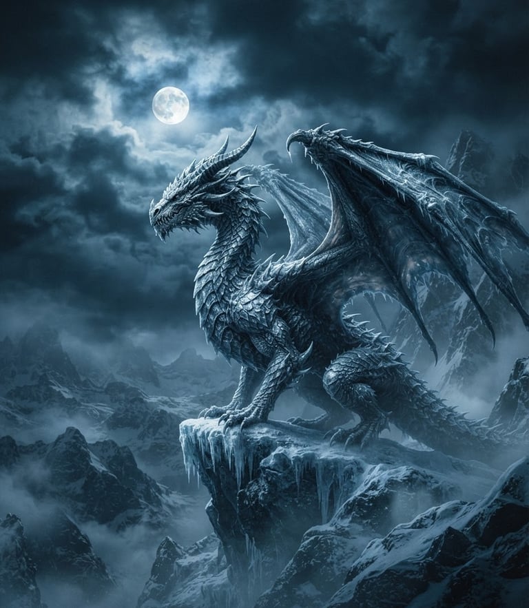 Dramatic portrait of a majestic icerider dragon, scales shimmering like frost-rimed steel, silhouetted against a stormy, misty mountain peak under moonlight. Cold blue and silver tones, epic scale.